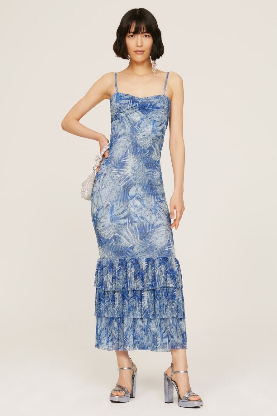 Mia Vesper Frond Mermaid Blue Printed Sleeveless Chiffon Maxi Dress Size Small